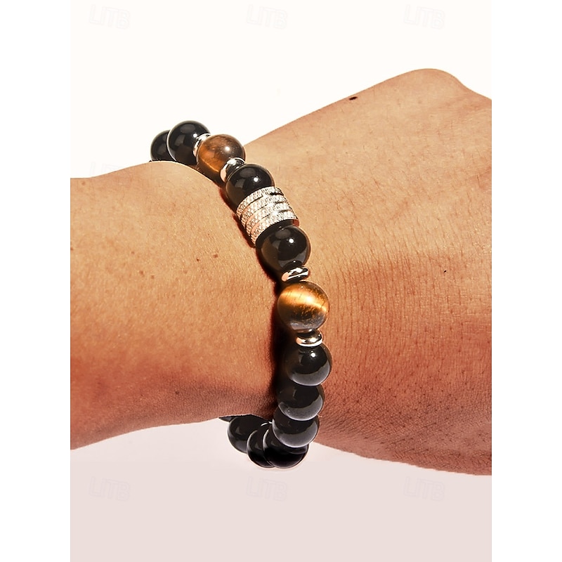 Men's Natural Stone and Stainless Steel Beaded Bracelet - Tiger Eye and Black Onyx - Stylish and Durable Accessory2