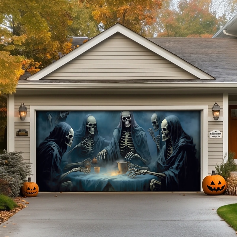 Halloween Door Decorations Outdoor Halloween Garage Door Cover Skeletons Banner Large Tapestry Backdrop Decoration for Holiday Outdoor Garage Door Home Wall Decorations 10