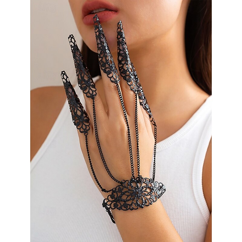 Women's Gothic Black Lace Finger Armor with Chains, Intricate Halloween Costume Jewelry for Cosplay and Special Occasions