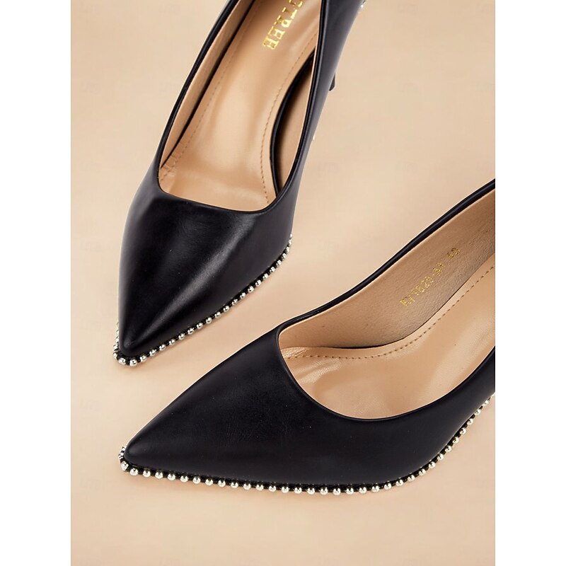 Women's Black Leather Stiletto Heels - Elegant Pointed-Toe Pumps with Pearl Trim for Weddings and Formal Occasions4