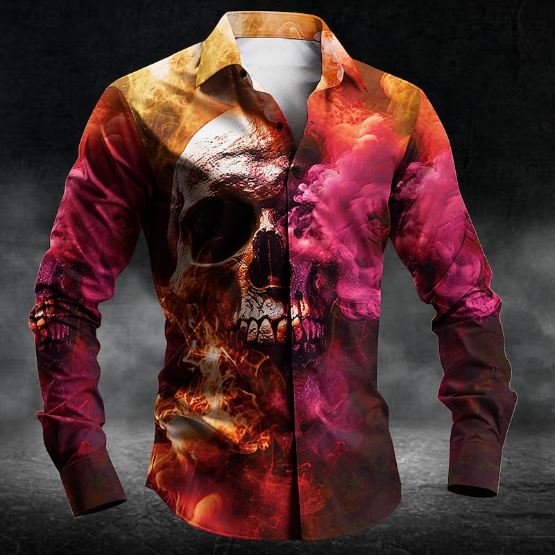 Men's Skull Halloween Costumes Button Up Shirt Long Sleeve Dark Party Evening Wear Daily Fall Winter Spring & Summer Shirt Collar Button Up 3D Print Purple Fuchsia Green2