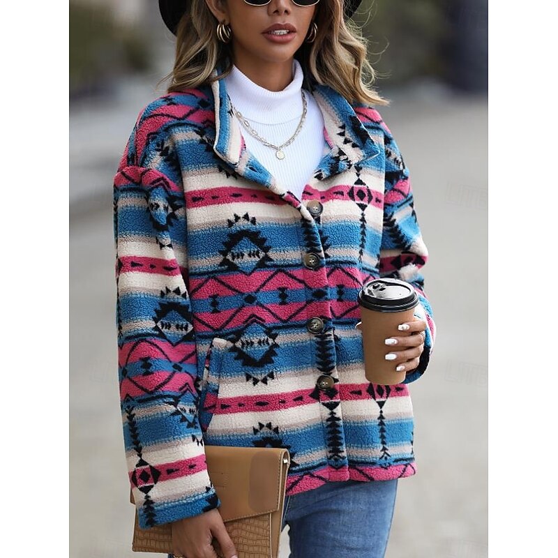 Women's Winter Coat Athleisure Holiday Daily Wear Fall Winter Regular Coat Stand Collar Regular Fit Stylish Casual Jacket Long Sleeve Geometric Slim Fit Blue4