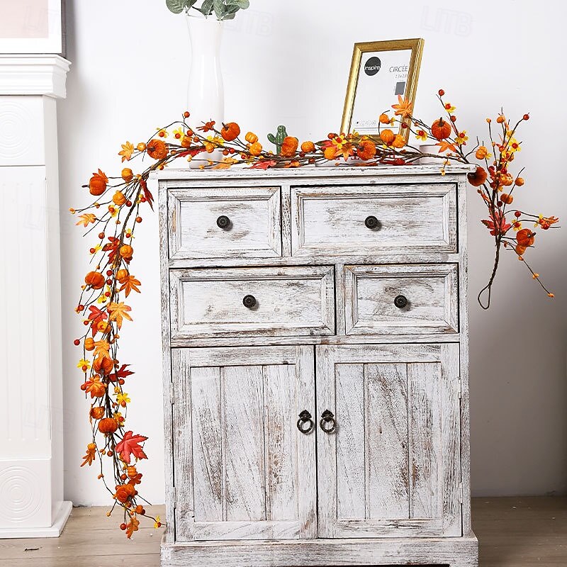 Fall Artificial Maple Leaf and Pumpkin Garland 180cm- Perfect for Home, Party, and Door Hanging Decorations.2