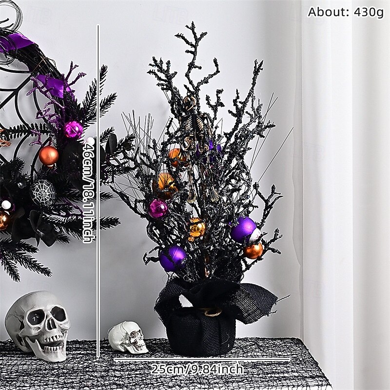 Halloween Wreath with Faux Skull and Christmas Ornaments - Spooky Purple Floral Vine Door Hanging for Haunted House and Scary Party Decor4
