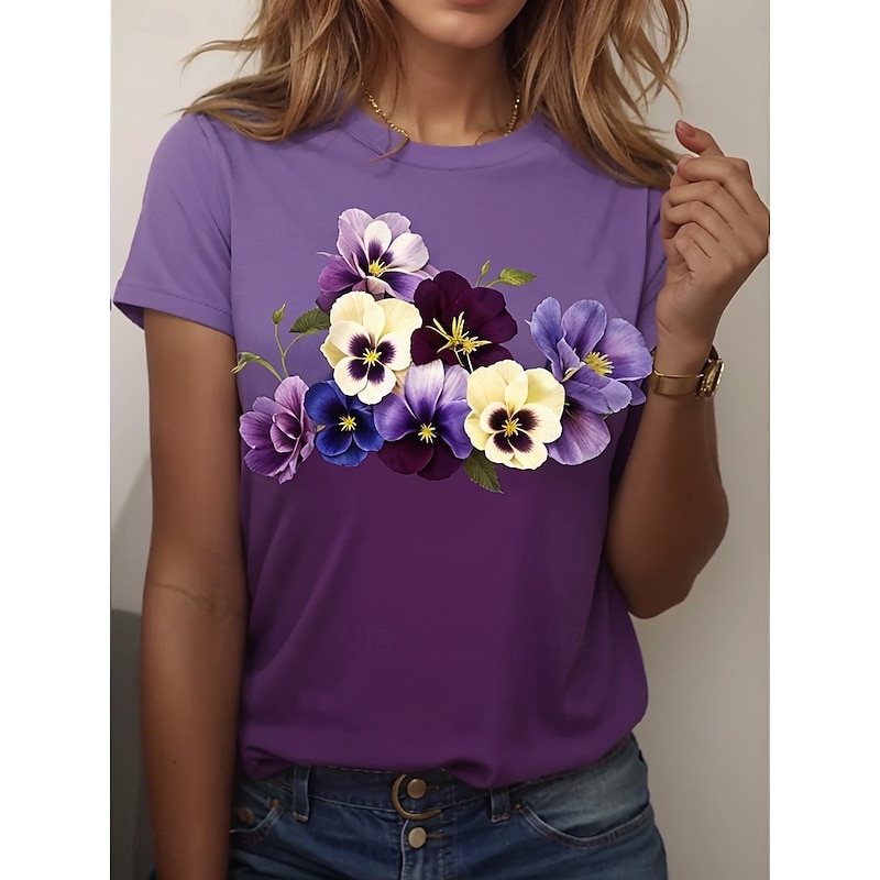 Women's T Shirt Casual Print Short Sleeve Regular Tops Daily Purple Summer