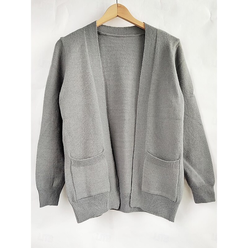 Women's Cardigan Casual Soft Solid Color Crew Neck Pocket Long Sleeve Regular Tops Knit Daily Black Green Spring Fall3