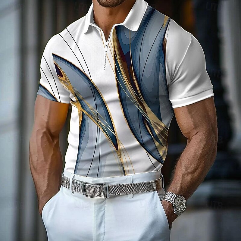 Men's Geometric Zip Polo Shirts Golf Shirt Short Sleeve Polo Shirts Collared Shirts Casual Vacation Wear Formal Wear Festival Wear 3D Print Quarter Zip Polo Summer Spring White Yellow Blue4