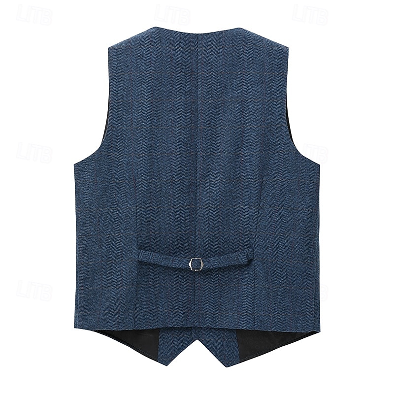 Men's Vest Tweed Vest Waistcoat Vintage Fashion Spring &  Fall Buttons Polyester Comfortable Plain Single Breasted V Neck Regular Fit Deep Green Navy Dark Gray Light Grey Vest3