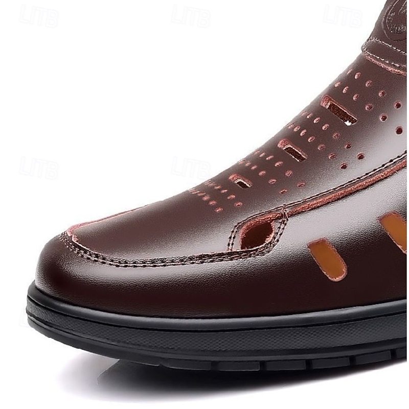 Men's Brown Split Leather Sandals with Velcro Strap and Breathable Design for Summer Comfort4