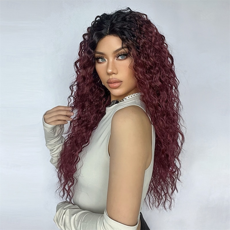 Synthetic Lace Wig Curly Style 26 inch Brown with Golden Highlights Middle Part 13x5x1 Lace Front Wig Women's Wig Black / Red2
