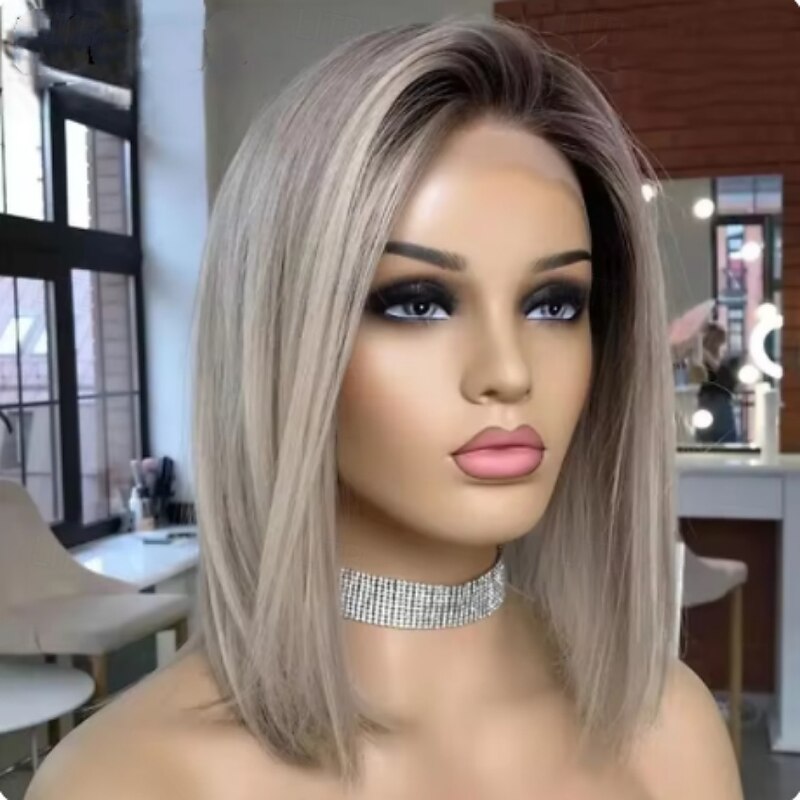 Remy Human Hair 13x4 Lace Front Wig Bob Short Bob Side Part Brazilian Hair Straight Dark Gray Multi-color Wig 130% 150% 180% Density with Baby Hair Natural Hairline 100% Virgin With Bleached Knots4
