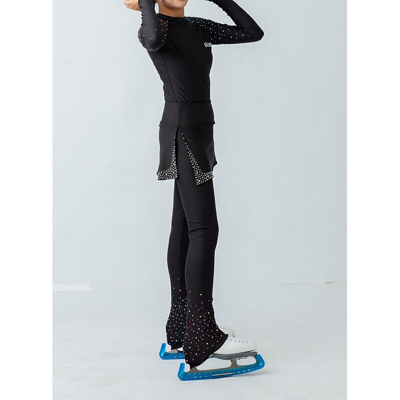 Figure Skating Pants Figure Skating Jacket with Pants Women's Girls' Ice Skating Jacket Tights Outfits Black Patchwork Thumbhole Spandex Stretchy Training Practice Professional Skating Wear Thermal4