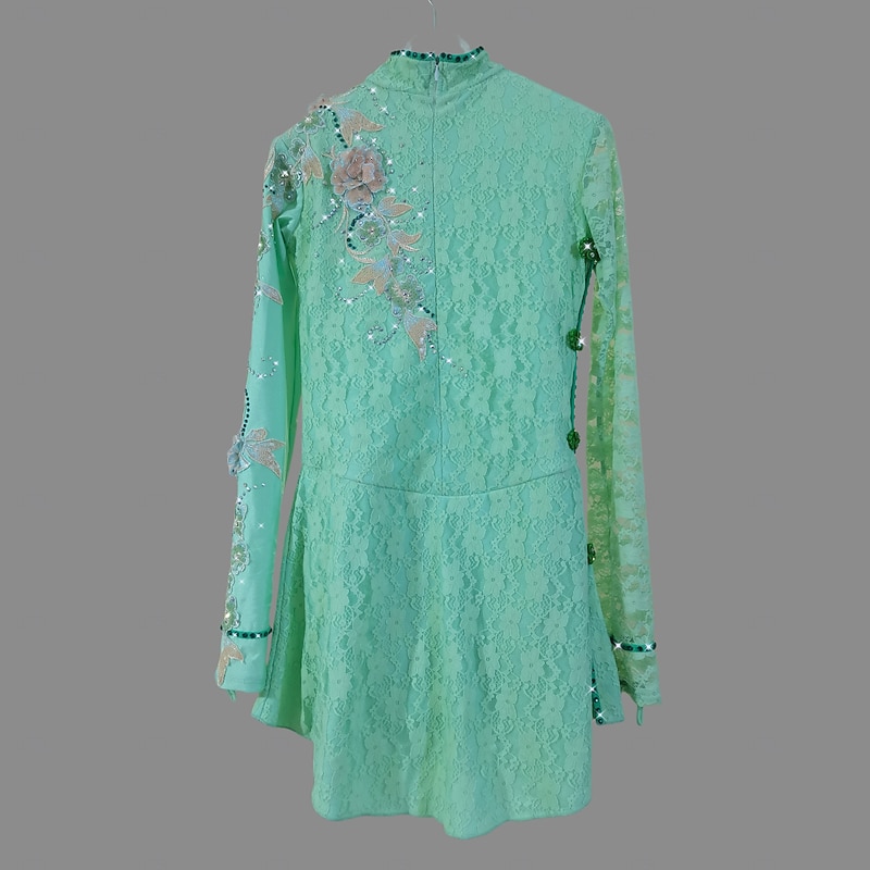 Figure Skating Dress Women's Girls' Ice Skating Dress Green Patchwork Mesh Spandex Lace Stretchy Training Practice Professional Skating Wear Thermal Warm Classic Crystal / Rhinestone Long Sleeve Ice2