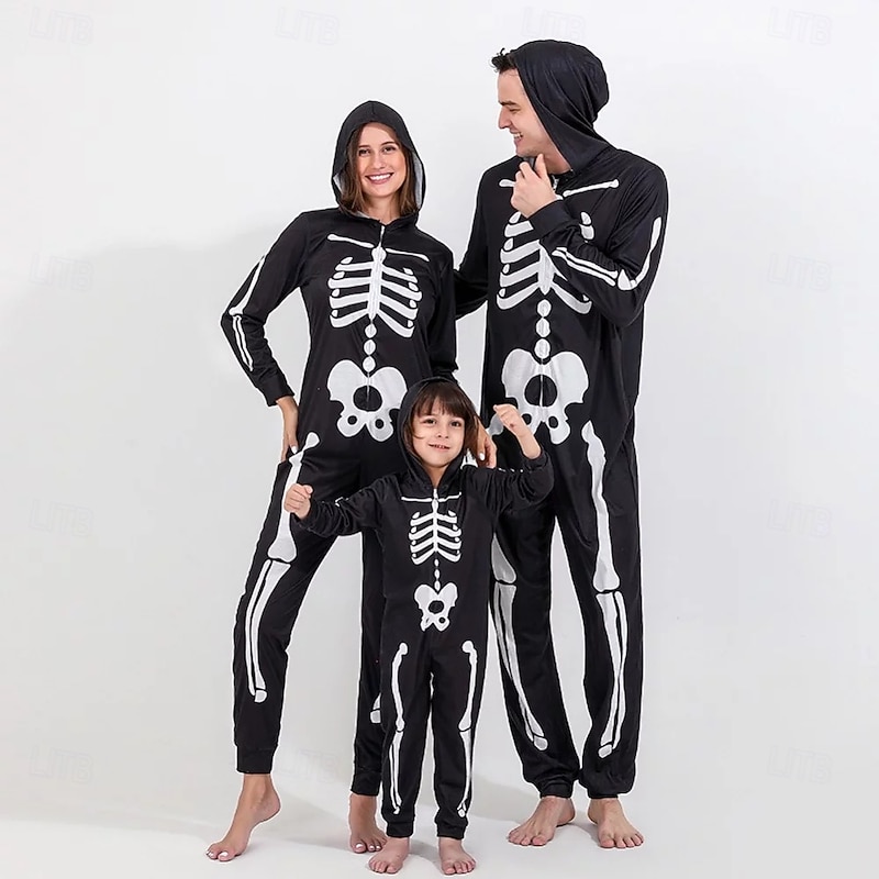 Couples Skull Skeleton Costume Kigurumi Pajamas Halloween Group Family Costumes Kid's Adults' Unisex Party Home Wear Halloween Carnival Easy Halloween Costumes
