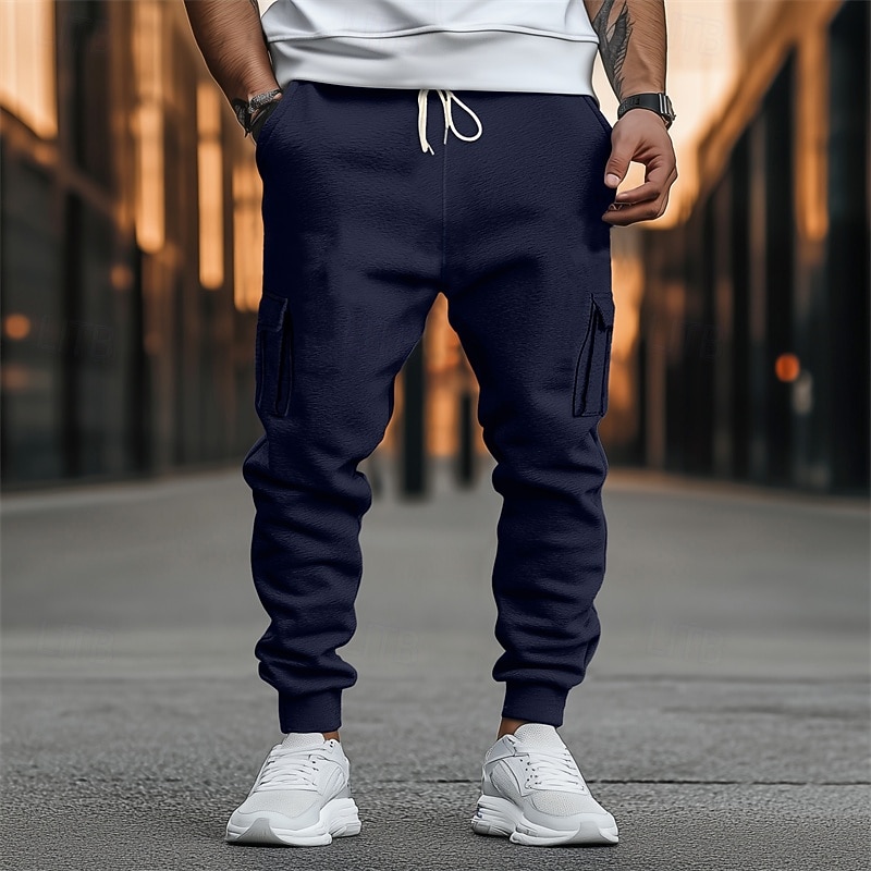 Men's Fleece Pants Sweatpants Joggers Trousers Cargo Sweatpants Drawstring Elastic Waist Multi Pocket Plain Comfort Warm Full Length Outdoor Casual Daily Sports Fashion Black Navy Blue2