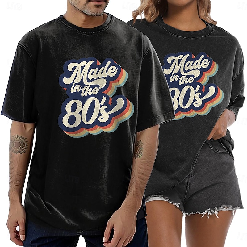 Retro Vintage 1980s Cotton T-shirt Unisex 80s Party Casual Daily T-shirt Oversized Acid Washed Tee