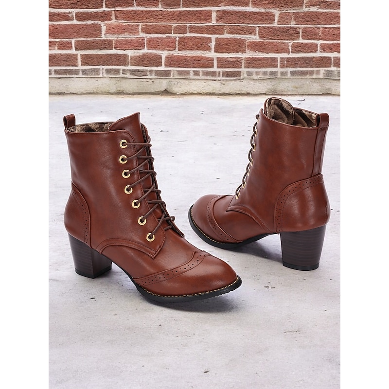 Women's Brown Lace-Up Victorian Boots with Mid-Heel - Ideal for Casual Wear, Outdoor Activities, and Weekend Outings