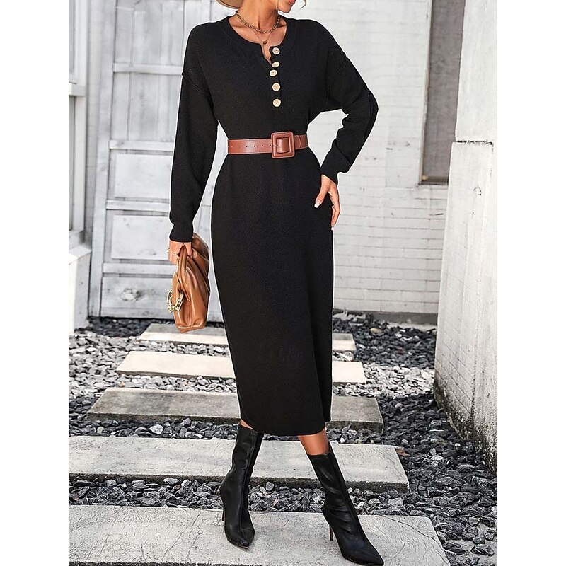 Women's Sweater Dress Elegant Fashion Casual Solid Color Crew Neck Knitted Long Sleeve Long Tops Knit Work Black Purple Fall Winter