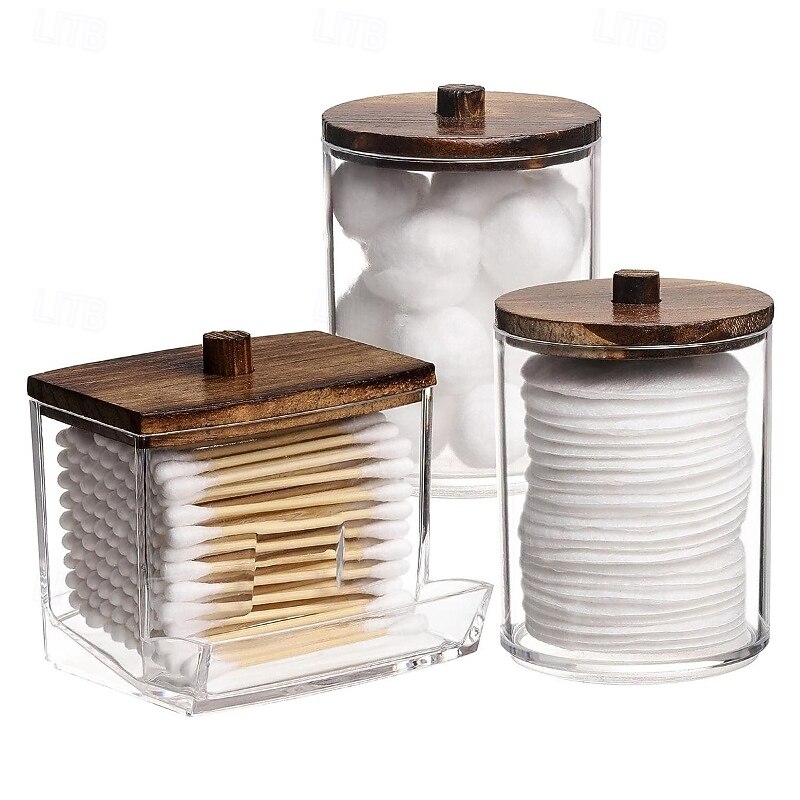 3PCS Cotton Swab Holder Set with Vanity Tray - Clear Apothecary Jar, Qtip/Ball/Pad Storage, Bathroom Containers Dispenser