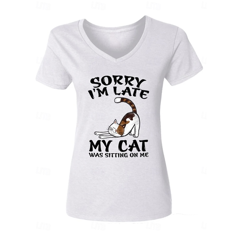 Women's T Shirt Casual Cat Letter Print Short Sleeve Regular Tops V Neck Daily Light Grey Summer I Am Fine
