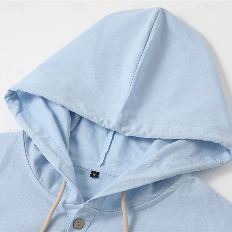 Men's Shirt Linen Shirt Beach Wear Button Up Shirt Hooded Shirt Plain Vacation Curise Black White Green Khaki Long Sleeve Hooded Spring & Summer Clothing Apparel Buttons2