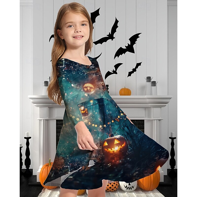 Girls' 3D Graphic Pumpkin Dress Long Sleeve Spring Fall Daily Holiday Vacation Princess Beautiful Sweet Kids 4-12 Years Casual Dress A Line Dress Knee-length Polyester Regular Fit3