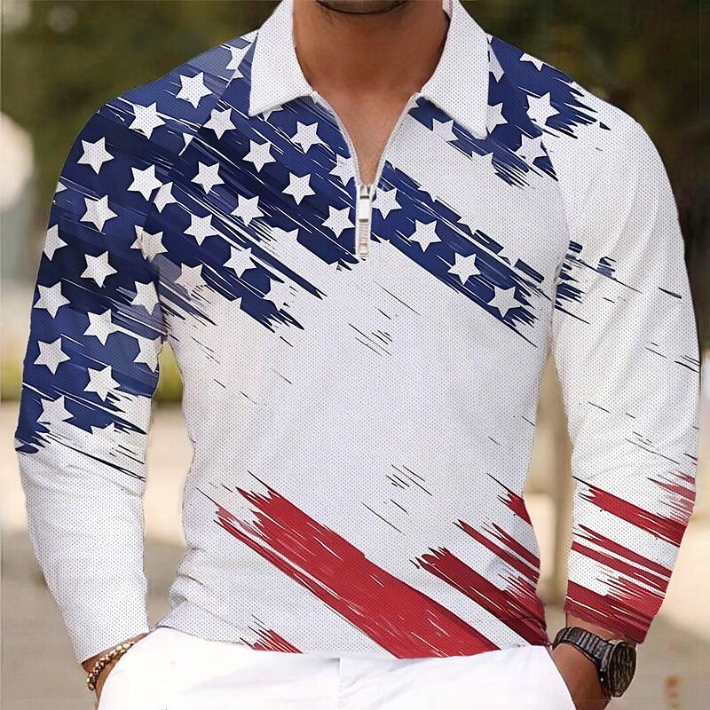 Men's American Flag Veterans Polo Shirts Golf Polos Shirts Long Sleeve Polo Shirts Collar Vacation Party Evening Wear Dailywear Zipper 3D Print Spring Fall & Winter Blue