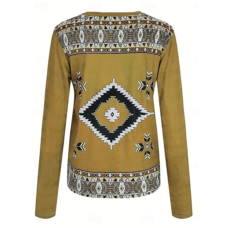 Women's T Shirt V Neck Long Sleeve Tunic Vintage Ethnic Print Regular Tops Vacation Yellow Pink Navy Blue Spring Fall2