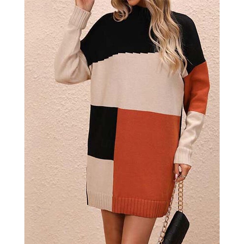 Women's Sweater Stylish Color Block Mock Neck Crewneck Long Sleeve Long Tops Knit Work Red Brown Blue Fall Winter2