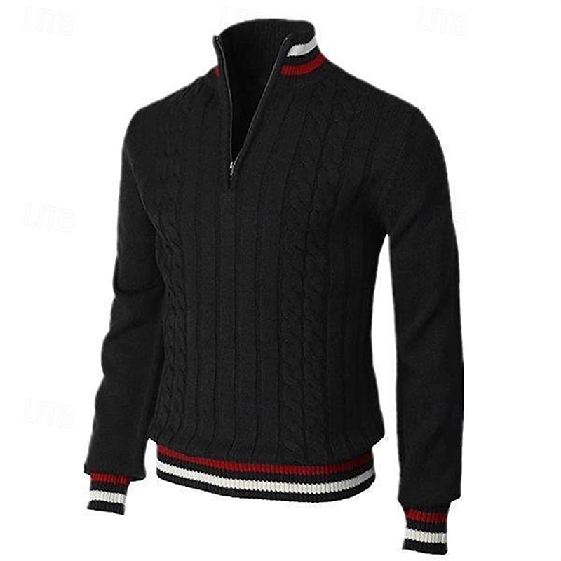 Men's Pullover Sweater Jumper Knit Sweater Ribbed Knit Regular Knitted Color Block Quarter Zip Fashion Basic Daily Wear Date Clothing Apparel Fall & Winter Wine Black S M L3