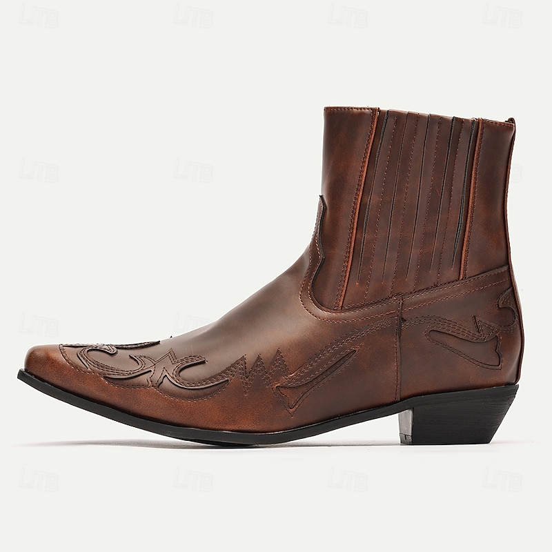 Men's Brown Faux Leather Western Ankle Boots - Vintage Style with Intricate Embroidery for Cowboy and Casual Wear3