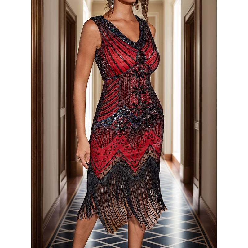 Women's Midi Dress Sequin Dress Vintage Dress Elegant Dress Elegant Retro Boho Daily Evening Party Holiday Regular Fit Geometric Sleeveless V Neck Red Summer Spring3
