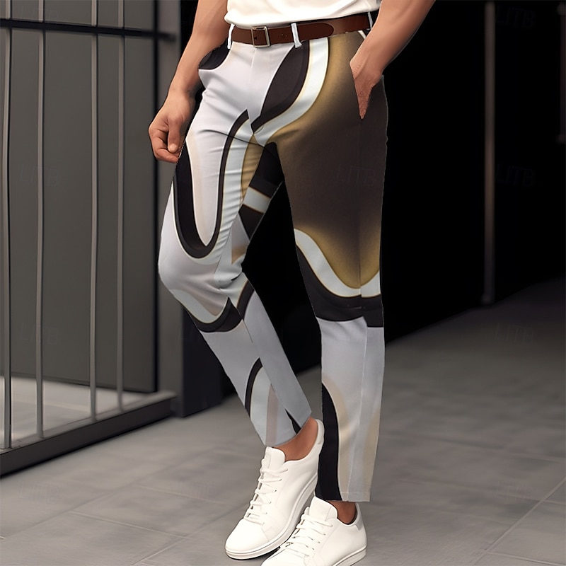 Men's Dress Pants Pocket 3D Print Buttons Geometric Full Length Formal Business Casual Brown Inelastic