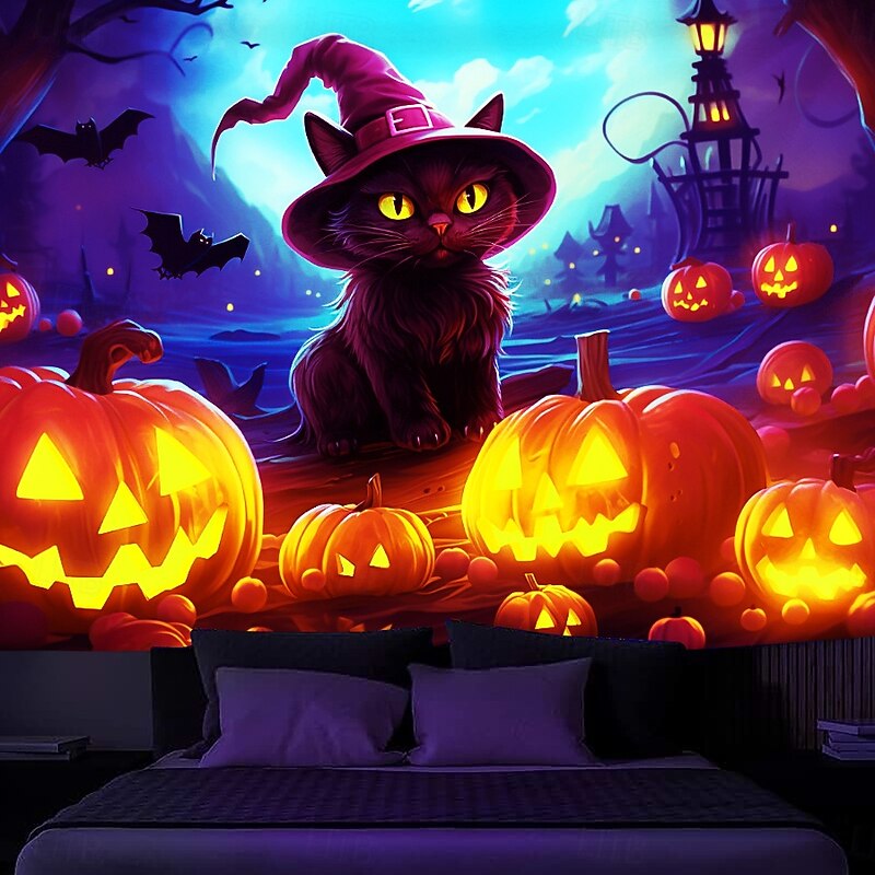 Halloween Decorations Blacklight Tapestry UV Reactive Glow in the Dark Glow Party Jack O Lantern Pumpkins Psychedelic Trippy Misty Bat Hanging Tapestry Wall Art Mural for Living Room Bedroom Black Cat