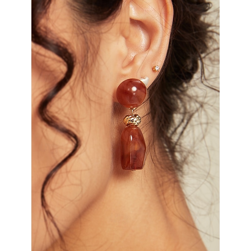 Women's Resin and Alloy Drop Earrings with Red Beads and Gold Accents, Elegant Jewelry for Special Occasions and Daily Wear