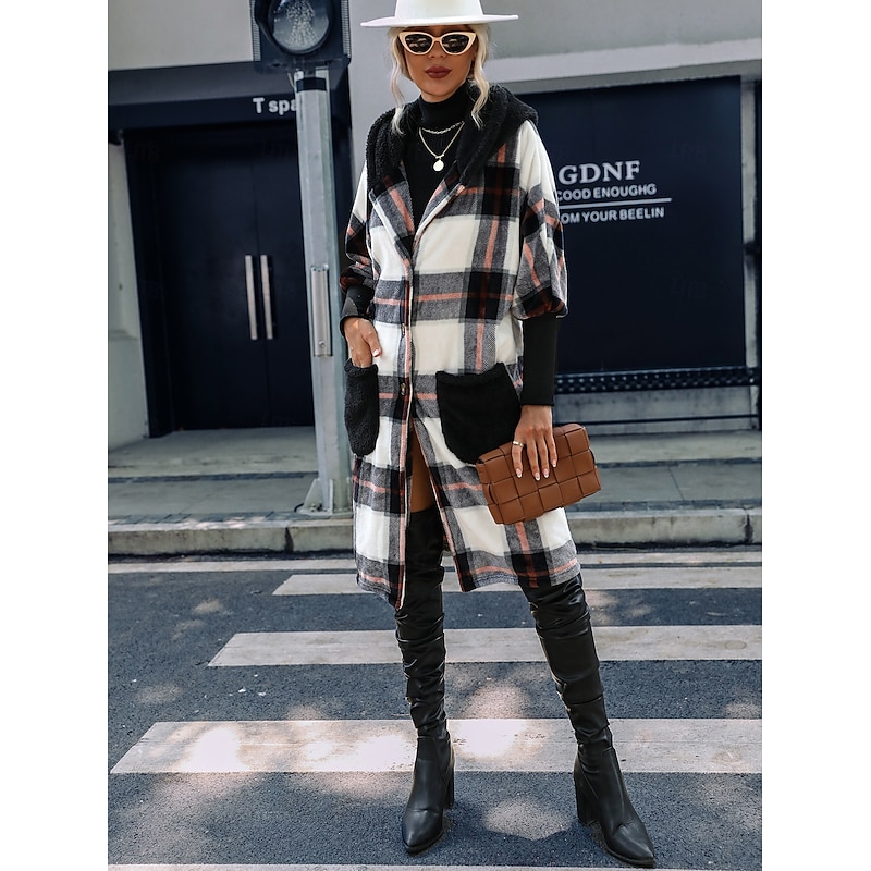 Women's Teddy Coat Coat Warm Pocket Fashion Casual Plaid Work Street Single Breasted Lapel Loose Fit Long Sleeve Outerwear Black Fall Winter4