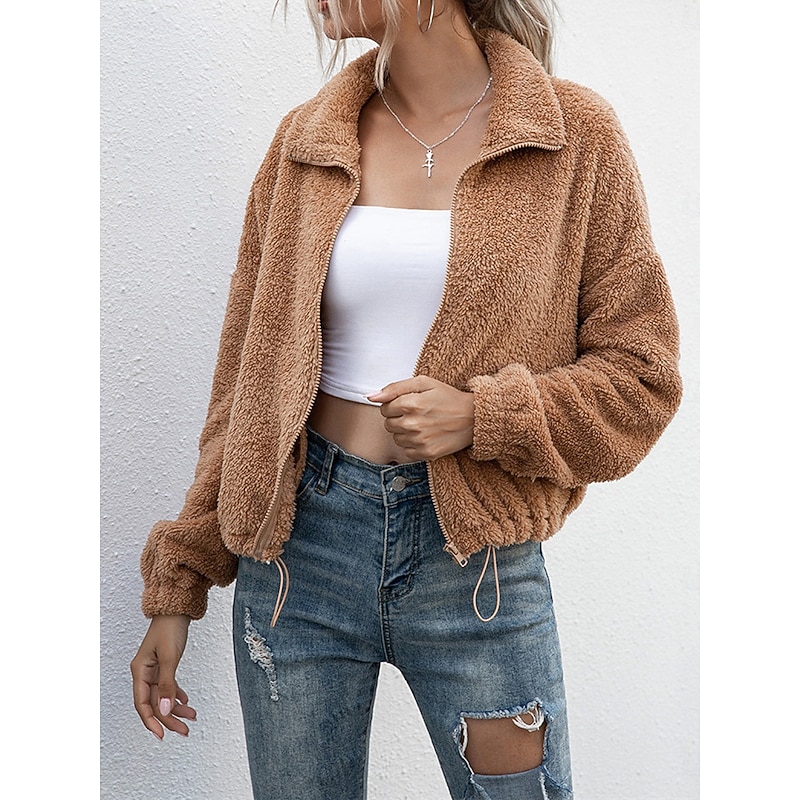 Women's Fleece Jacket Teddy Coat Warm Breathable Zipper Pocket Fleece Lined Casual Color Block Vacation Street Daily Wear Going out Zipper Turndown Regular Fit Long Sleeve Outerwear White Camel Dark 5