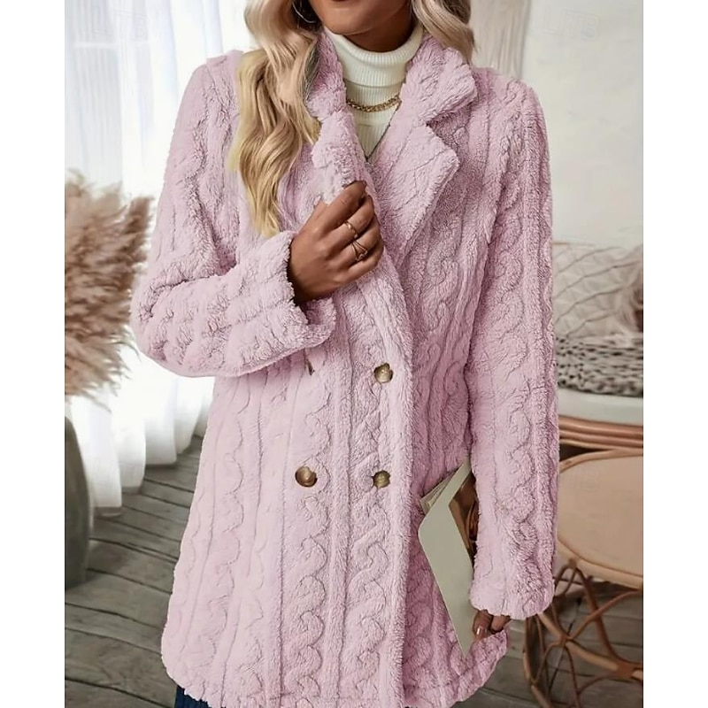 Women's Coat Outdoor Street Daily Wear Fall Winter Regular Coat Regular Fit Thermal Warm Breathable Stylish Casual Jacket Long Sleeve Solid Color with Pockets White Pink4