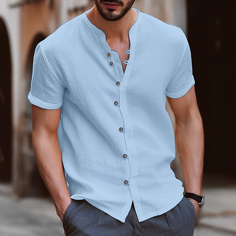 Men's Shirt Linen Shirt Summer Shirt Beach Wear Band Collar Shirt Button Up Shirt Plain Vacation Casual Black White Blue Khaki Short Sleeve Band Collar Summer Clothing Apparel3