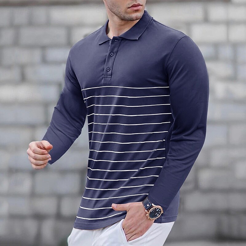 Men's Golf Shirt Golf Polo Work Casual Lapel Long Sleeve Basic Modern Stripes Button Spring &  Fall Regular Fit Wine Black Army Green Royal Blue Khaki Gray Golf Shirt