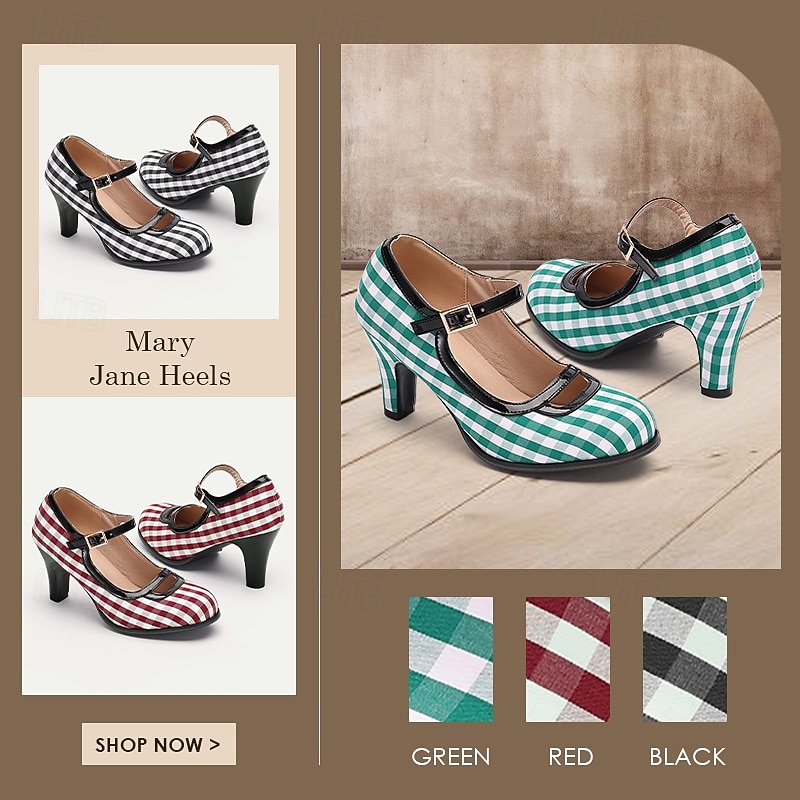 Women's Green Gingham Mary Jane High Heels with Buckle Strap, Retro Style for Vintage-Inspired Outfits and Costume Parties4