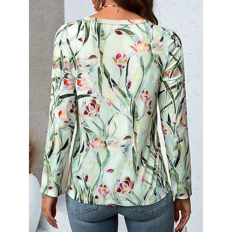 Women's T shirt Crew Neck Long Sleeve Tunic Casual Print Regular Tops Daily Light Green Spring Fall3