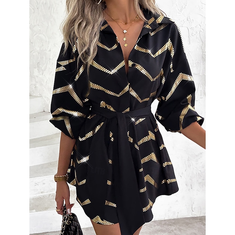 Women's Geometric Sequins Shirt Collar Bishop Sleeves Mini Dress Long Sleeve Spring Fall4