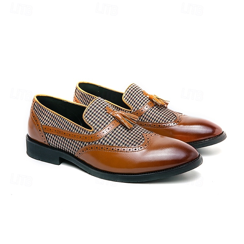 Men's Brown Faux Leather and Plaid Tassel Loafers – Vintage Brogue Slip-On Shoes for Formal and Casual Wear3