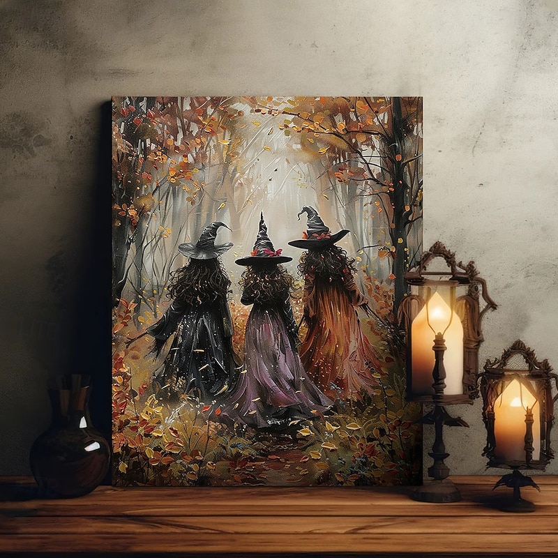 Vintage Witch Forest Painting Poster Halloween Wall Decoration Print Witch Canvas Print Halloween Wall Art Aesthetic