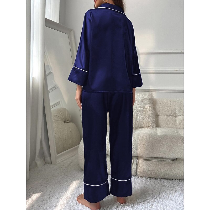 Women's Pajamas Sets Pure Color Fashion Comfort Home Daily Bed Faux Silk Silk Breathable Lapel Long Sleeve Shirt Pant Button Pocket Fall Home Outfits2