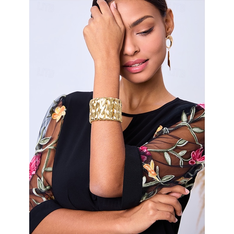 Elegant Gold Alloy Woven Cuff Bracelet for Women - Stylish Statement Jewelry for Parties and Special Occasions2