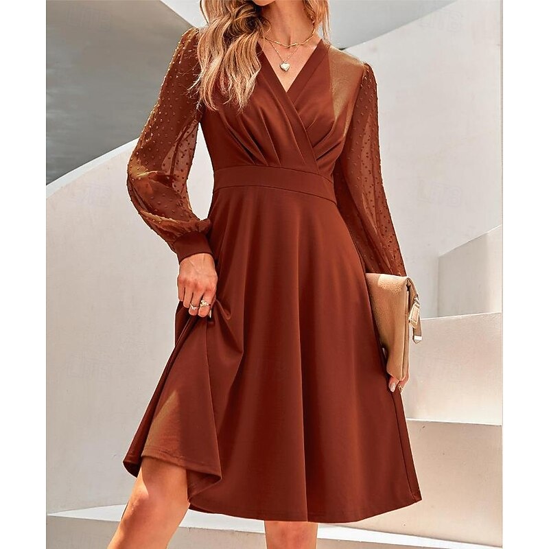 Women's Mini Dress Black Dress Cocktail Dress Formal Dress Wrap Dress Elegant Bishop Sleeve Wedding Guest Cocktail Party Loose Fit Solid Color Plain Long Sleeve V Neck Black Brown Green Spring Fall4