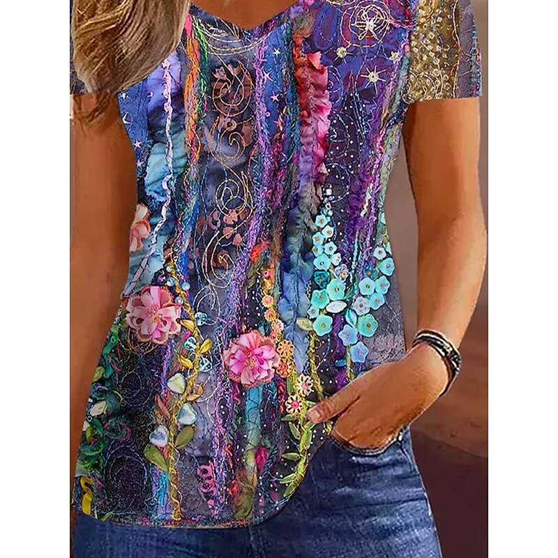 Women's Tunic T Shirt Fashion Casual Print Short Sleeve Regular Tops V Neck Daily Purple Spring Fall2