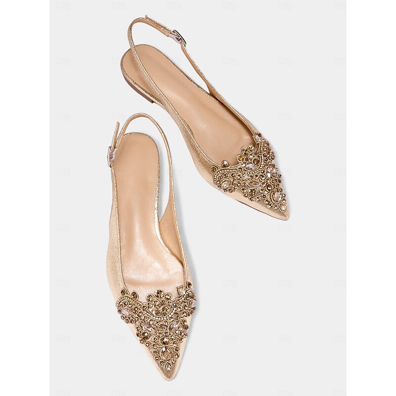 Women's Gold Embellished Pointed Toe Slingback Flats with Crystal Detailing - Luxurious Bridal Shoes for Weddings and Special Events4